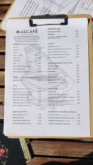 Menu at Malcafe in Conil De La Frontera