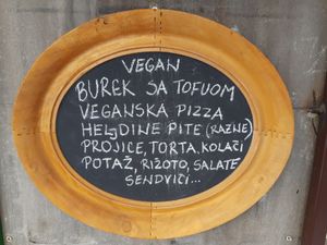 Burek with tofu
Vegan pizza
Different buckwheat pies
Cakes, cookies, potage, risotto, salads, sandwiches... at Macrobiotic Prom in Belgrade