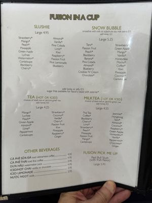 Menu at Pho Fusion in San Diego