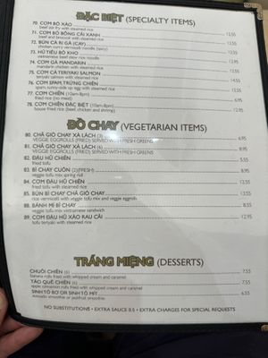 Menu (All Vegetarian items are Vegan) at Pho Fusion in San Diego