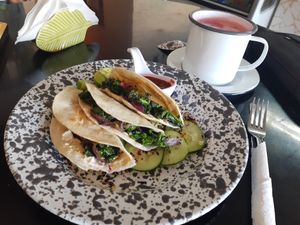 Spinach tacos with almond cheese! at Kinatia in Los Mochis