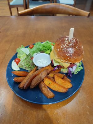 American burger and fries at Seed in Ipoh