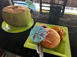 Coconut burger with sweet potato fries   at Coco Loco in Anda
