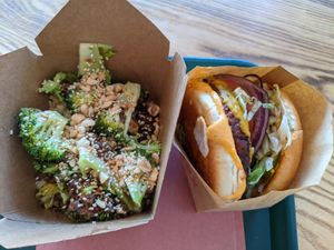 Side of roasted broccoli & mushroom XO, plus cheezeburger at BeetBox in Vancouver