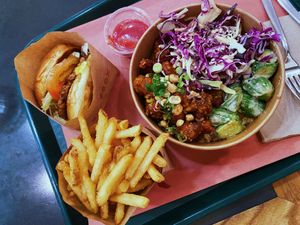 Burger with Cheeze & Crispy Cauliflower Bowl - so good!   at BeetBox in Vancouver