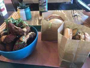 Onion rings and chickun burger at BeetBox in Vancouver