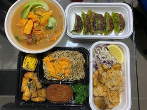 Vegan ramen, vegan plate, veg gyōzas and battered oyster mushrooms at Sober Ramen in Geelong