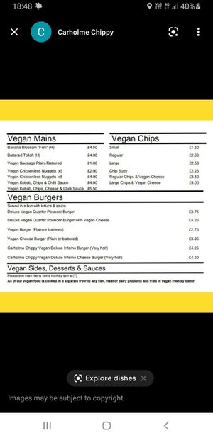Vegan menu at Carholme Chippy in Lincoln