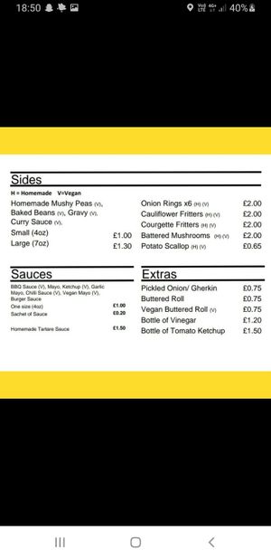 Sides, sauces and extras. (V) Signifies vegan. at Carholme Chippy in Lincoln