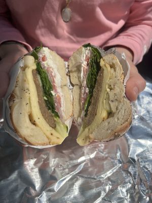 Regular everything bagel, vegan egg and sausage, tofu cream cheese, onion, cucumber and tomato!   at Bagel Point in Brooklyn