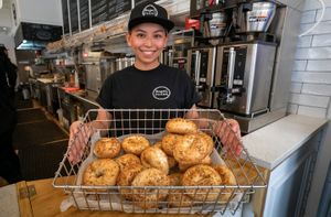 Here at Bagel Point, our bagels are hand-rolled, kettle boiled, and oven baked daily on-premises. at Bagel Point in Brooklyn