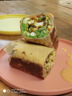 Tofu borito ( with avocado, coreander, sprouts, celery and more stuff...)  at Veggie 2 Go in Cancun