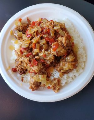 Tofu ribs and rice at Vegwood in Toronto