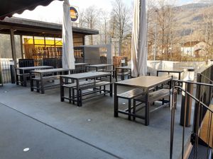 Outdoor seating at Chickeria in Buchs