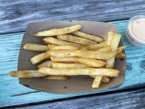 Vegan Legen-no-dairy fries with sauce  at Shahar Cafe in Louisville