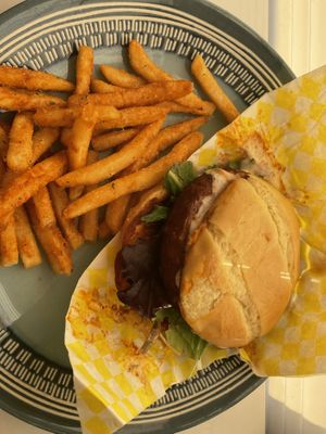 Chicken sandwich and fries  at Shahar Cafe in Louisville