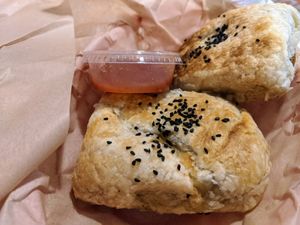 Puff pastry with vegan meaty filling at Shahar Cafe in Louisville
