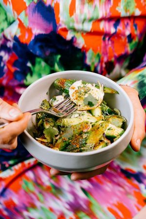 local, organic cucumbers, broken rice and togarashi   at Somebody People in Denver
