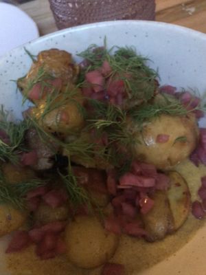 Potatoes with mustard and pickles   at Somebody People in Denver