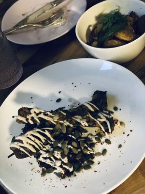 Mushroom skewers, potatoes  at Somebody People in Denver