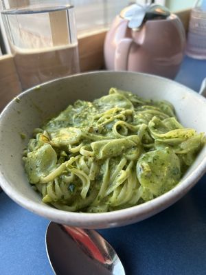 Al dente pasta with pistachio pesto and hakurei turnips  at Somebody People in Denver