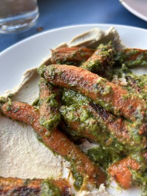 Carrots with tahini hummus and turnip greens  at Somebody People in Denver