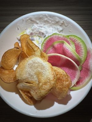 Potato chips, radish, onion dip  at Somebody People in Denver