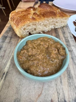 Focaccia and pinto bean spread  at Somebody People in Denver