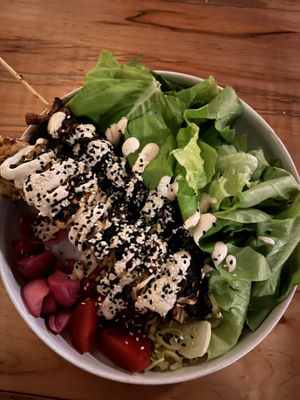 Vegetable grill, kebab of lions, mane, mushroom, and cabbage  at Somebody People in Denver