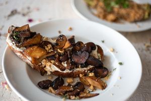 The Mushroom toast has a layer of creamy almond ricotta, chunks of hazelnuts, garlic, and is lemony. It’s savory, nutty, with a pop of lemon that is surprising and incredible.

 at Somebody People in Denver