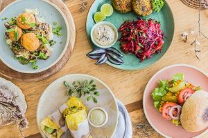 Lentil patties, tofu balls, tofu burger, quinoa wrap at Foods & Roots in Koh Phangan