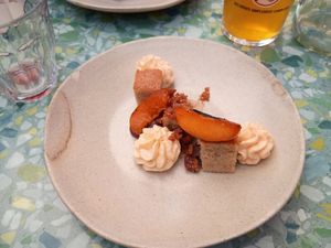 Coconut cake with peach instead of the "vegan" option that wasn't actually vegan (coconut cake, dango, soy caramel, currants) at Bleu Canard in Lille