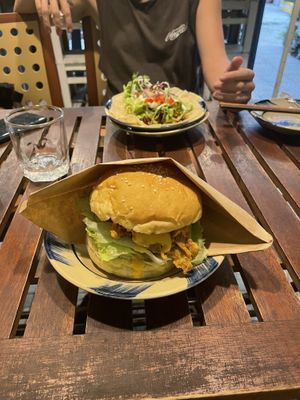 kfc mushroom burger featuring kfc mushroom taco in the background   at Khong Vegan Restaurant  in Da Nang