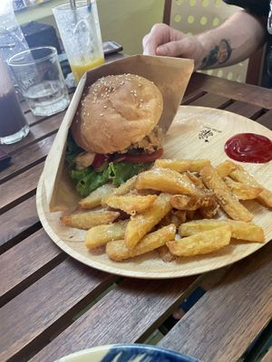 KFC mushroom burger with added French fries   at Khong Vegan Restaurant  in Da Nang