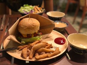 Jackfruit burger and noodle salad  at Khong Vegan Restaurant  in Da Nang