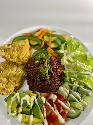 The crispy mushroom rice bowl at Khong Vegan Restaurant  in Da Nang