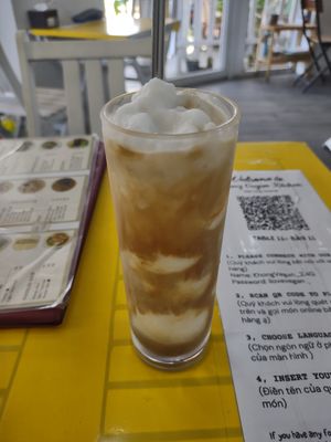 Coconut 🥥 coffee ☕ just needs coconut chips at Khong Vegan Restaurant  in Da Nang