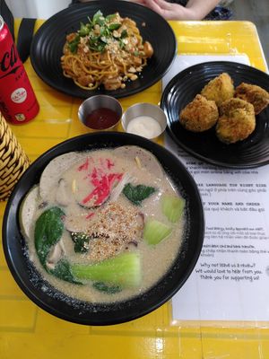 peanut noodles (top), crispy broccoli (right) and peanut noodle soup (bottom) at Khong Vegan Restaurant  in Da Nang