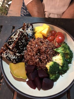 Rice dish which wasn’t amazing. Everything was cold except the tofu (which itself was delicious actually)  at Khong Vegan Restaurant  in Da Nang