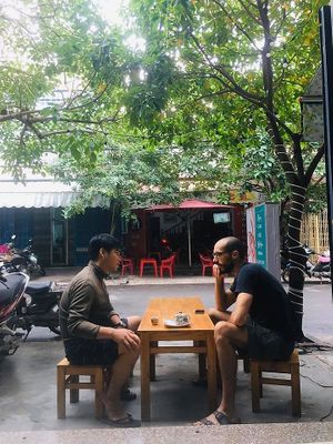 Friendship is no limit, no border. 
Italian guy and Vietnamese guy. at Khong Vegan Restaurant  in Da Nang