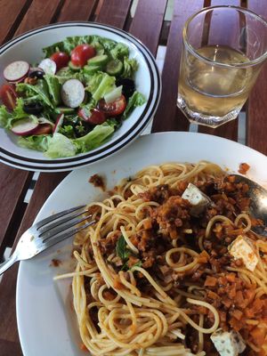 Spaghetti and salad at Khong Vegan Restaurant  in Da Nang