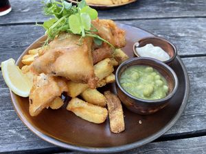 Banana blossom fish and chips  at Rashleigh Arms in St Austell