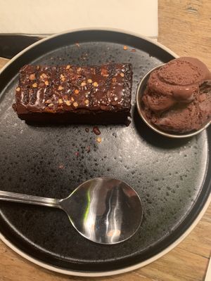 Chilli chocolate brownie with vegan chocolate ice cream  at Turtle Bay in Leamington Spa