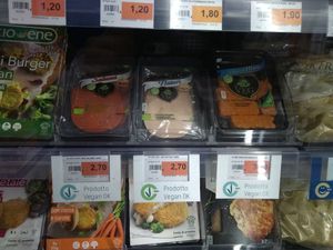 Vegan "meats" in their fridge at Sole 365 in Naples