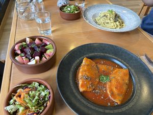 Mushroom cream pasta, Jewish meatballs, side salad and beet salad.   at Gabo Kitchen in Ankara