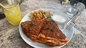 Kayseri yağlaması (layered minced soy meat with tomato paste sauce) and lemonadee  at Gabo Kitchen in Ankara