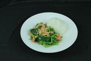 Imitation of Shrimps based on Soybeans with a portion of water spinach and Rice at Hanoi Pho in Mannheim