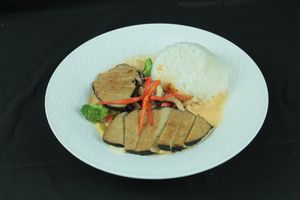 Soyabeans based Fish Imitation in Curry Coconut Milk with different vegetables and Jasmin Rice  at Hanoi Pho in Mannheim