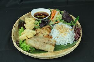 Special Vegan Plate for two People;
Rice Noodle Salad with Teriyaki, Tofu and Spring Rolls Imitation based on Soybeans 
with a vegan Fish Sauce at Hanoi Pho in Mannheim