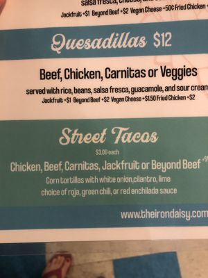 Menu with vegan options   at The Iron Daisy in Tallahassee